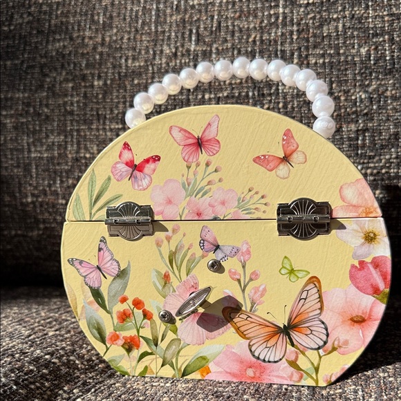 Yellow Floral Butterfly Handbag with Pearl Handle - Picture 3 of 6